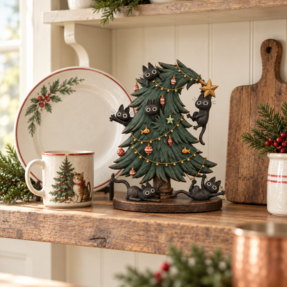 🐈‍⬛🌟 Zwarte Katten Kerstboom Beeld – Vintage Charme & Kattenkwaad