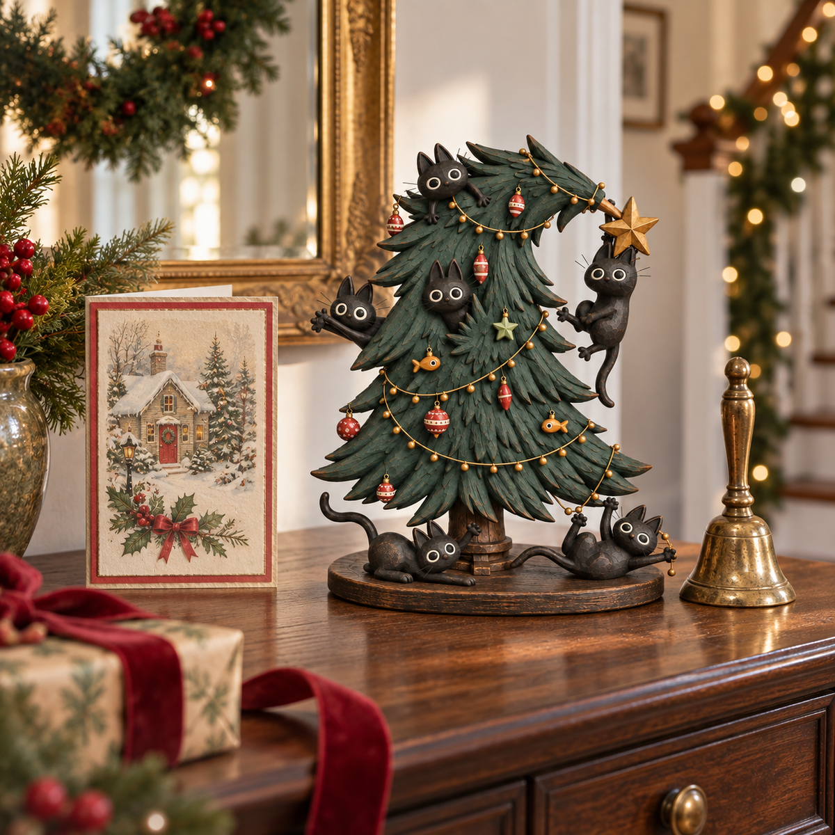 🐈‍⬛🌟 Zwarte Katten Kerstboom Beeld – Vintage Charme & Kattenkwaad