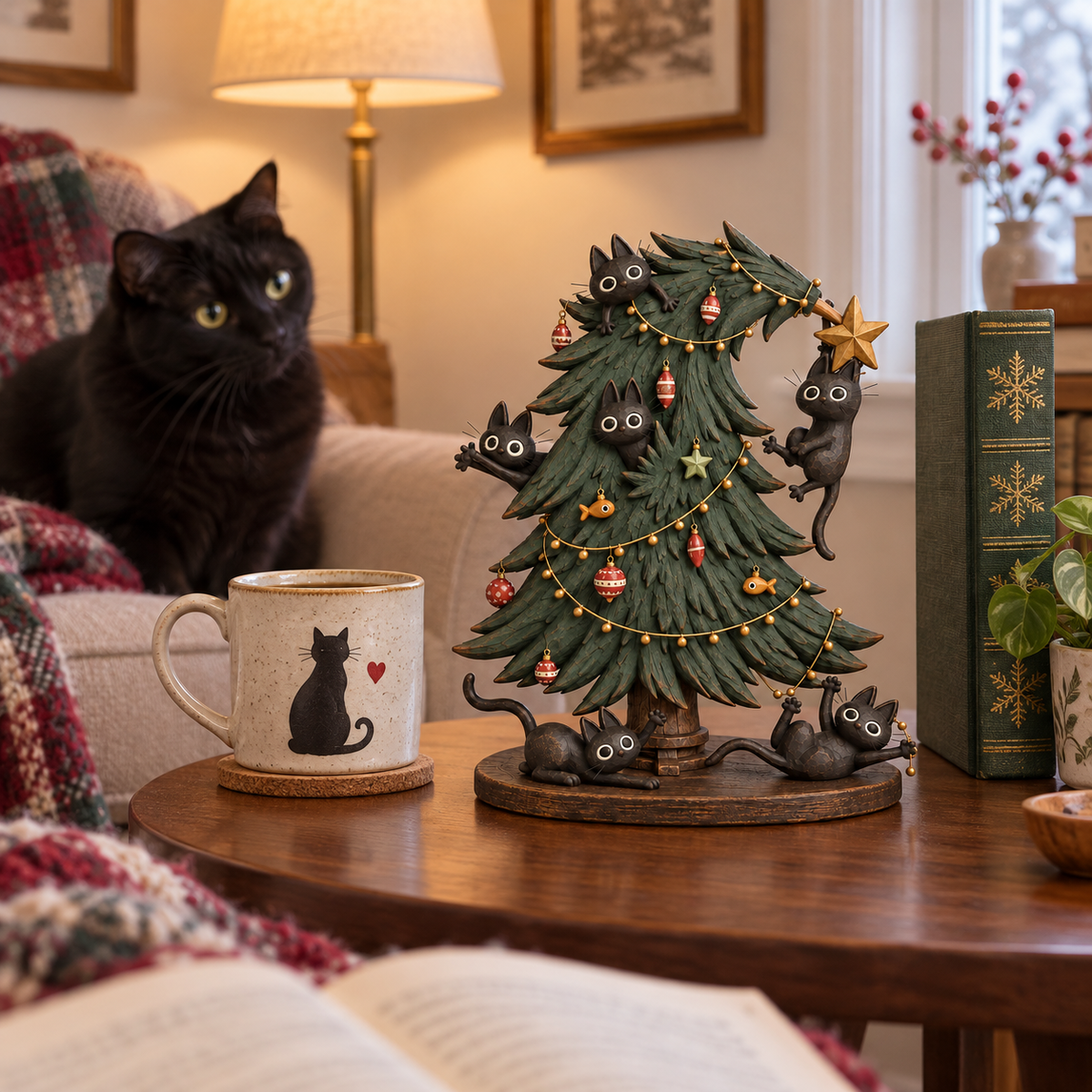 🐈‍⬛🌟 Zwarte Katten Kerstboom Beeld – Vintage Charme & Kattenkwaad