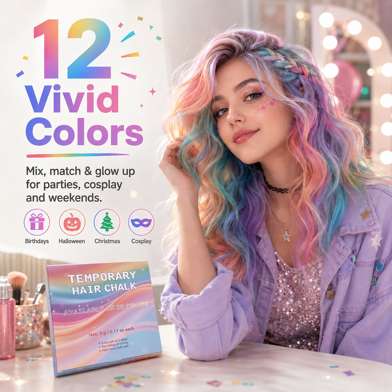 🎨Set met 12 kleuren tijdelijke haarkrijtjes voor kinderen en tieners