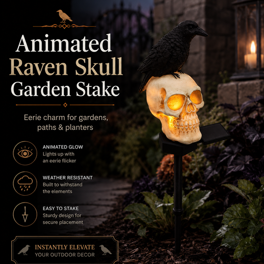 🐦‍⬛Geanimeerde raafschedel-tuinpaal op zonne-energie💀 | Halloween-tuindecoratie voor buiten