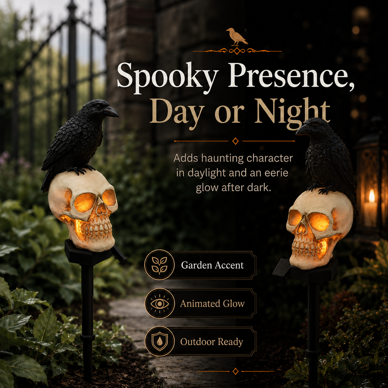 🐦‍⬛Geanimeerde raafschedel-tuinpaal op zonne-energie💀 | Halloween-tuindecoratie voor buiten