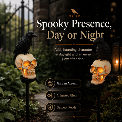 🐦‍⬛Geanimeerde raafschedel-tuinpaal op zonne-energie💀 | Halloween-tuindecoratie voor buiten