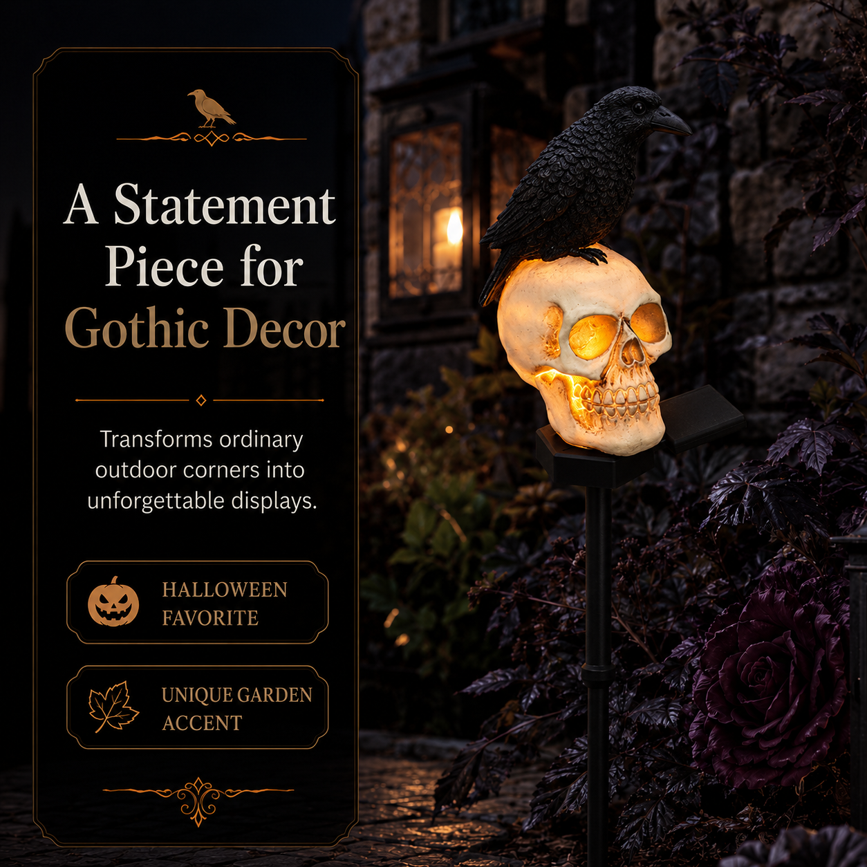 🐦‍⬛Geanimeerde raafschedel-tuinpaal op zonne-energie💀 | Halloween-tuindecoratie voor buiten