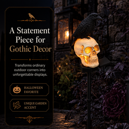 🐦‍⬛Geanimeerde raafschedel-tuinpaal op zonne-energie💀 | Halloween-tuindecoratie voor buiten