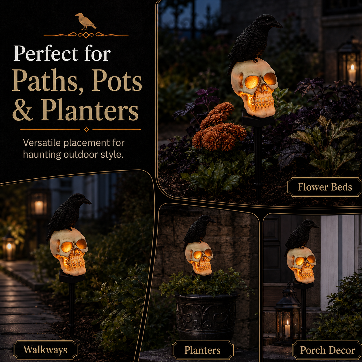 🐦‍⬛Geanimeerde raafschedel-tuinpaal op zonne-energie💀 | Halloween-tuindecoratie voor buiten