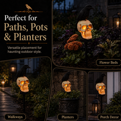 🐦‍⬛Geanimeerde raafschedel-tuinpaal op zonne-energie💀 | Halloween-tuindecoratie voor buiten