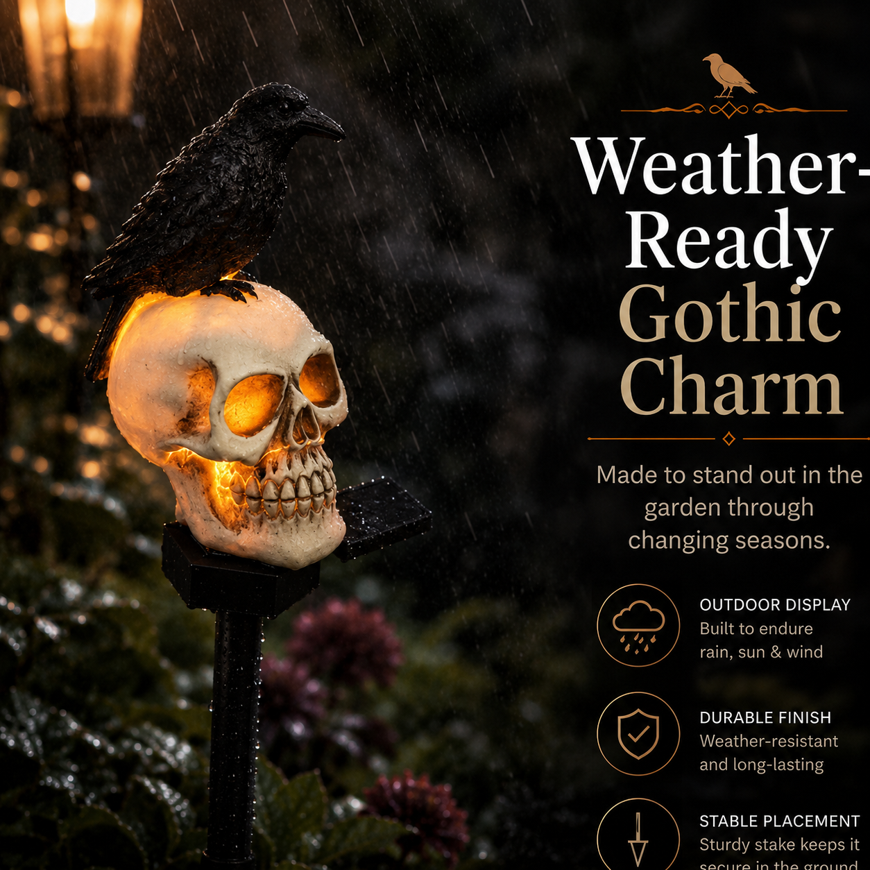 🐦‍⬛Geanimeerde raafschedel-tuinpaal op zonne-energie💀 | Halloween-tuindecoratie voor buiten