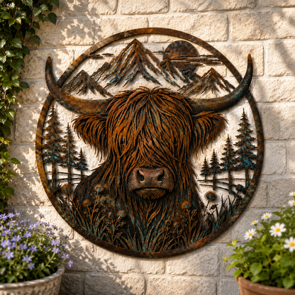 🐂Metalen wanddecoratie met berglandschap en Highland-koe🏔️