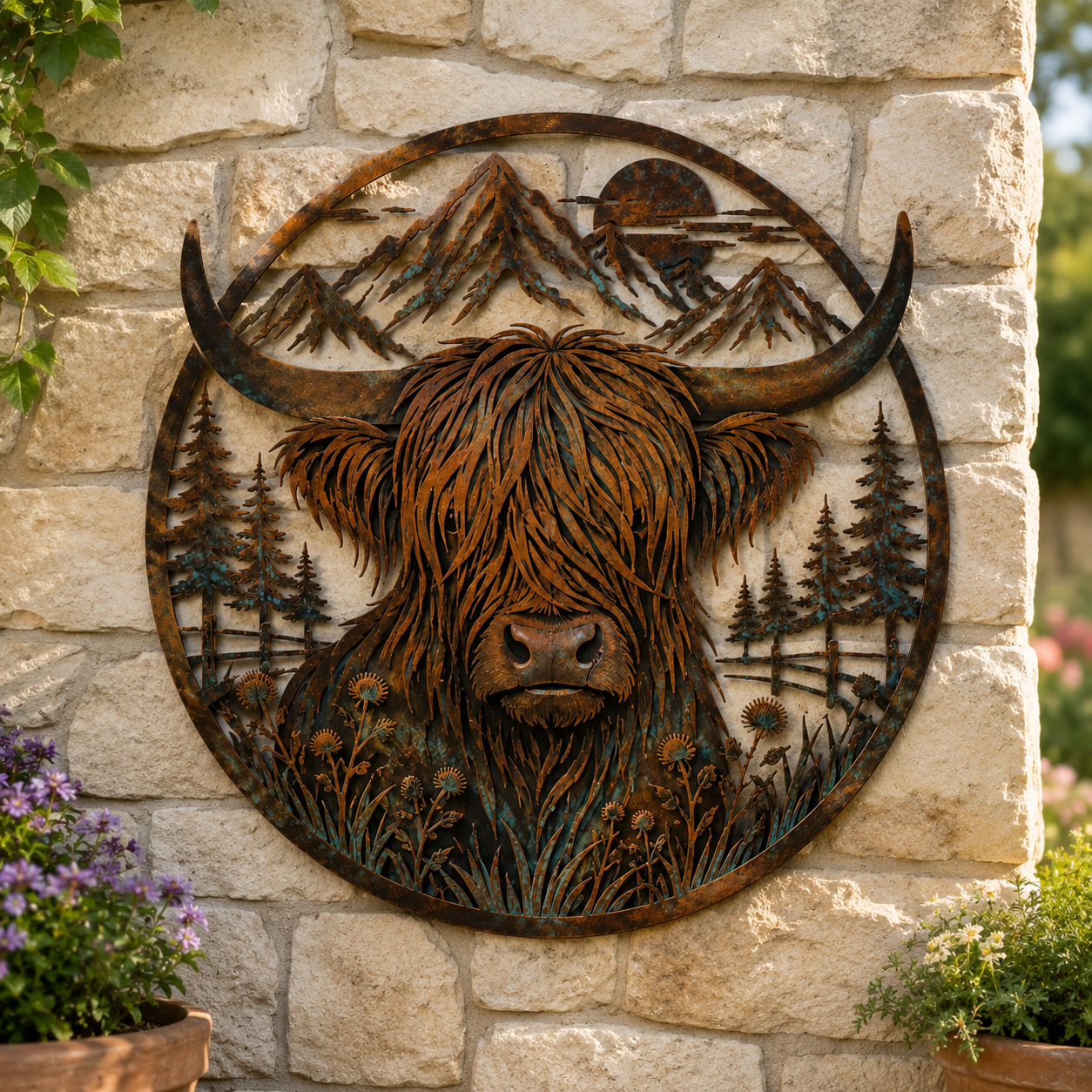 🐂Metalen wanddecoratie met berglandschap en Highland-koe🏔️