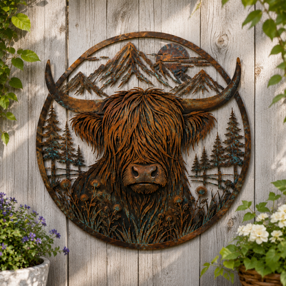 🐂Metalen wanddecoratie met berglandschap en Highland-koe🏔️