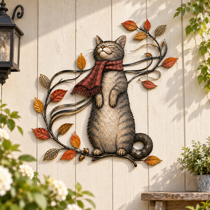 🍁Metalen wanddecoratie met herfstkat🐱
