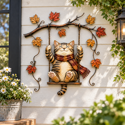 🍁Metalen wanddecoratie met herfstkat🐱