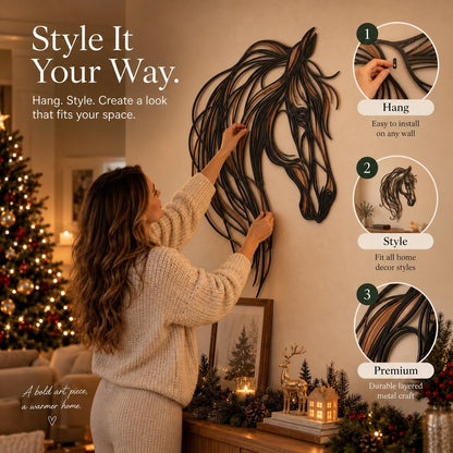 🐴✨ Metalen Paardenhoofd Wanddecoratie – Elegante Kunst met Warme Brons- en Koperaccenten