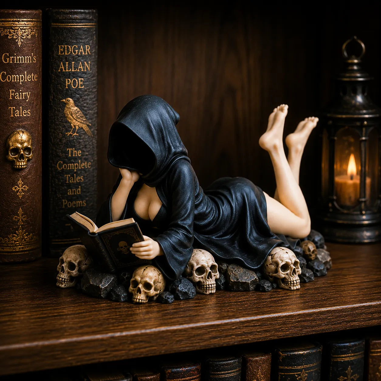 📚🖤 Gothic beeldje van een lezer met capuchon – Dark Academia-boekenplankdecoratie 🧙‍♂️✨
