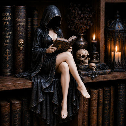 📚🖤 Gothic beeldje van een lezer met capuchon – Dark Academia-boekenplankdecoratie 🧙‍♂️✨