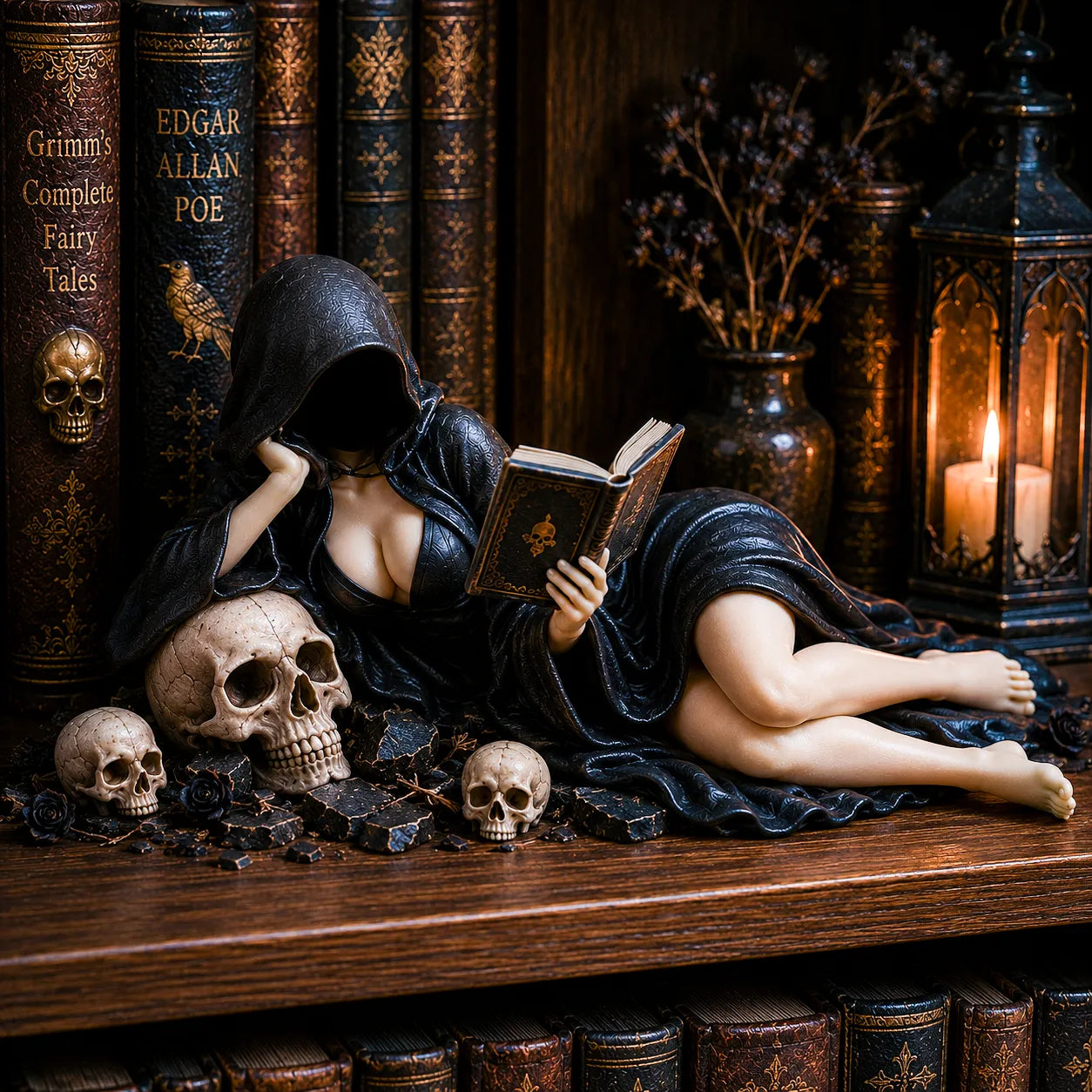 📚🖤 Gothic beeldje van een lezer met capuchon – Dark Academia-boekenplankdecoratie 🧙‍♂️✨