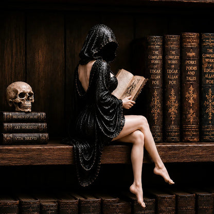 📚🖤 Gothic beeldje van een lezer met capuchon – Dark Academia-boekenplankdecoratie 🧙‍♂️✨