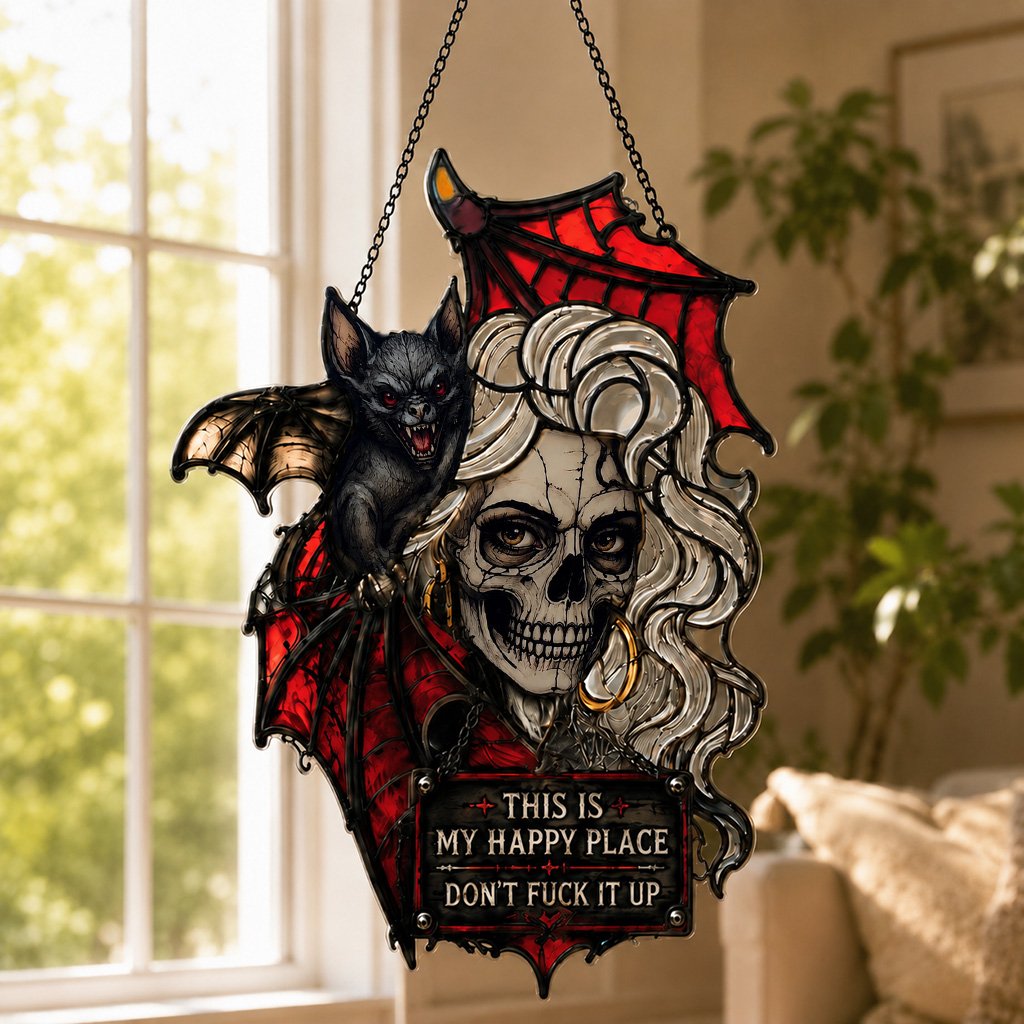🦇💀Gotische schedel & vleermuis “My Happy Place” wanddecoratie — Wanddecoratie met haareffect dat reageert op je stemming✨