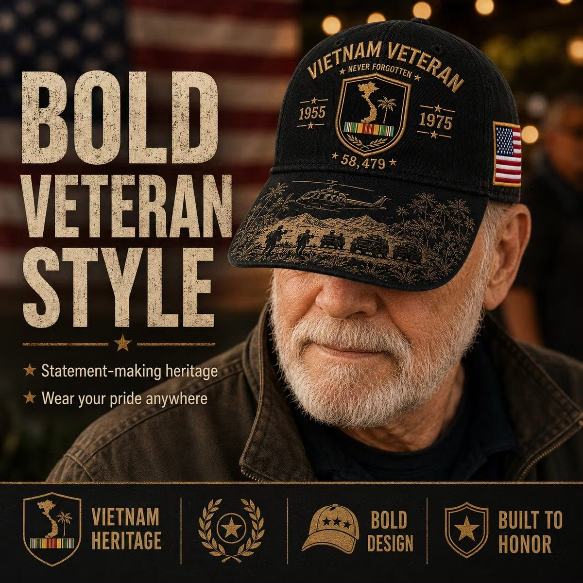 🔥🎖️Vietnam Veteran Never Forgotten 1955–1975 Commemorative Cap 🇺🇸