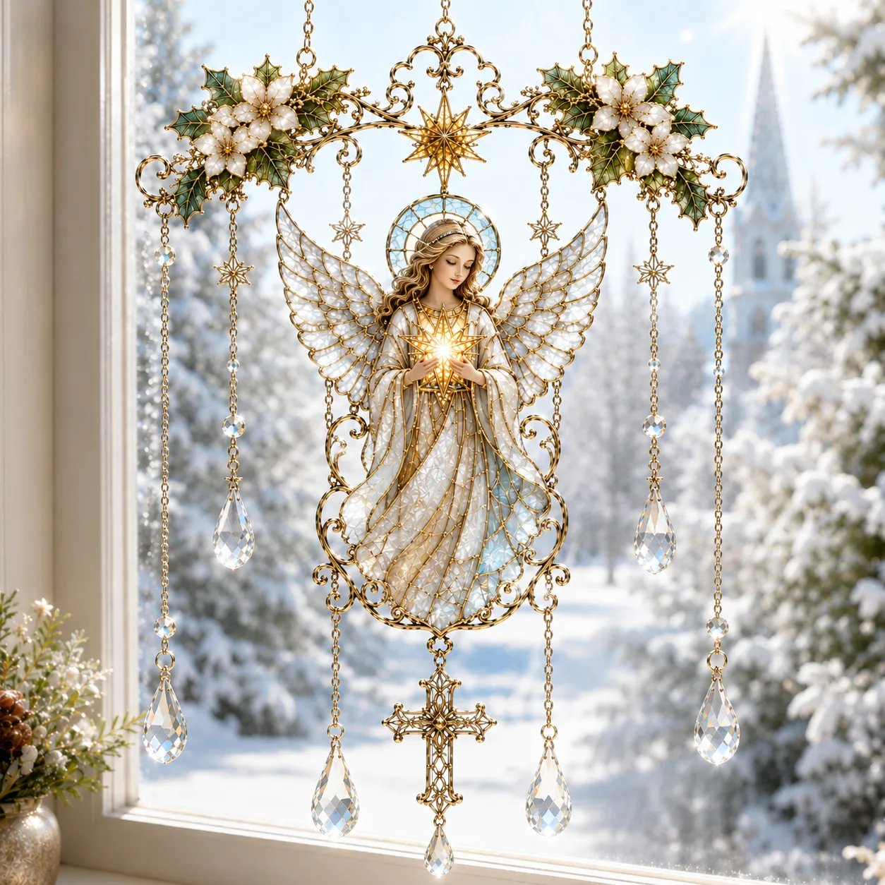 ✨ Collectie ‘Blessing Suncatcher’ in glas-in-loodstijl | Op het geloof geïnspireerde raamdecoratie met goudkleurige omlijsting en kristallen regenboogdruppels 🌈🙏
