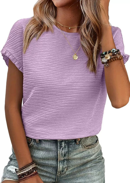 2025 Zomeroutfit Dames Tops met korte mouwen Ronde hals Ruffle Casual Zomer Gestructureerde Werk T-shirts T-shirt Blouse