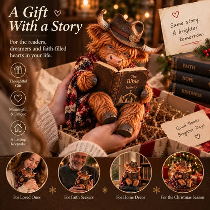 🐮🎄 Highland Koe Kerstbeeld met Bijbel – Een Warm Symbool van Geloof ✨