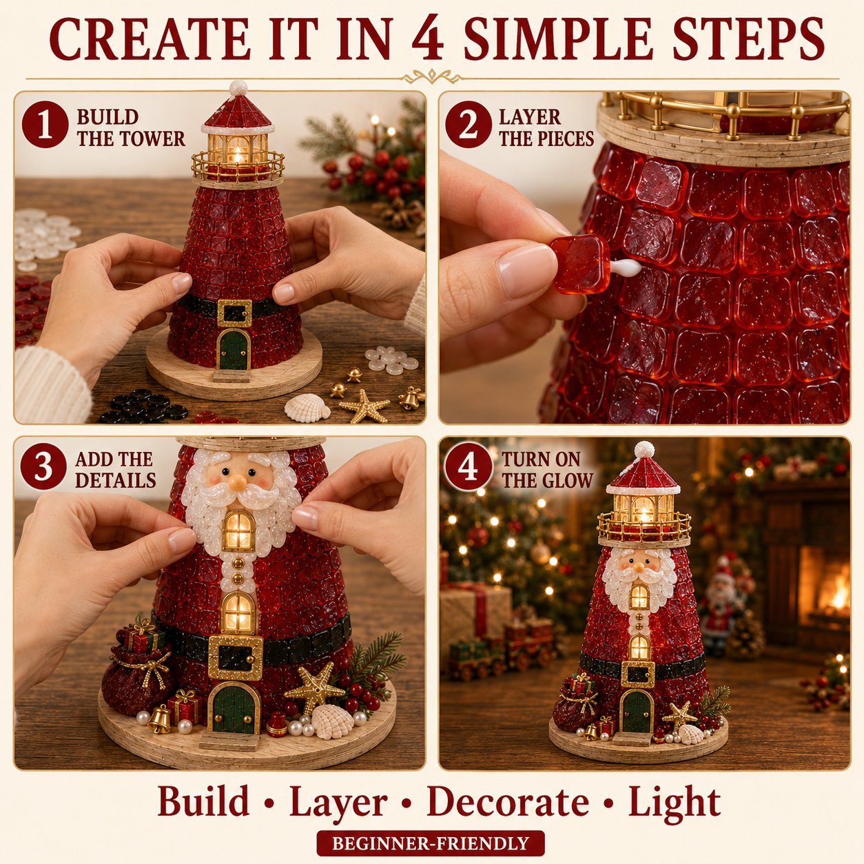 🎄Een voor beginners geschikte doe-het-zelfset voor een verlichte kerstfiguur in de vorm van een vuurtoren in zeeglasstijl | Complete set inclusief onderdelen in zeeglasstijl, led-lampjes en een stapsgewijze handleiding 💕
