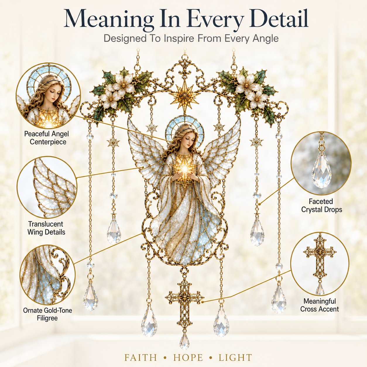✨ Collectie ‘Blessing Suncatcher’ in glas-in-loodstijl | Op het geloof geïnspireerde raamdecoratie met goudkleurige omlijsting en kristallen regenboogdruppels 🌈🙏