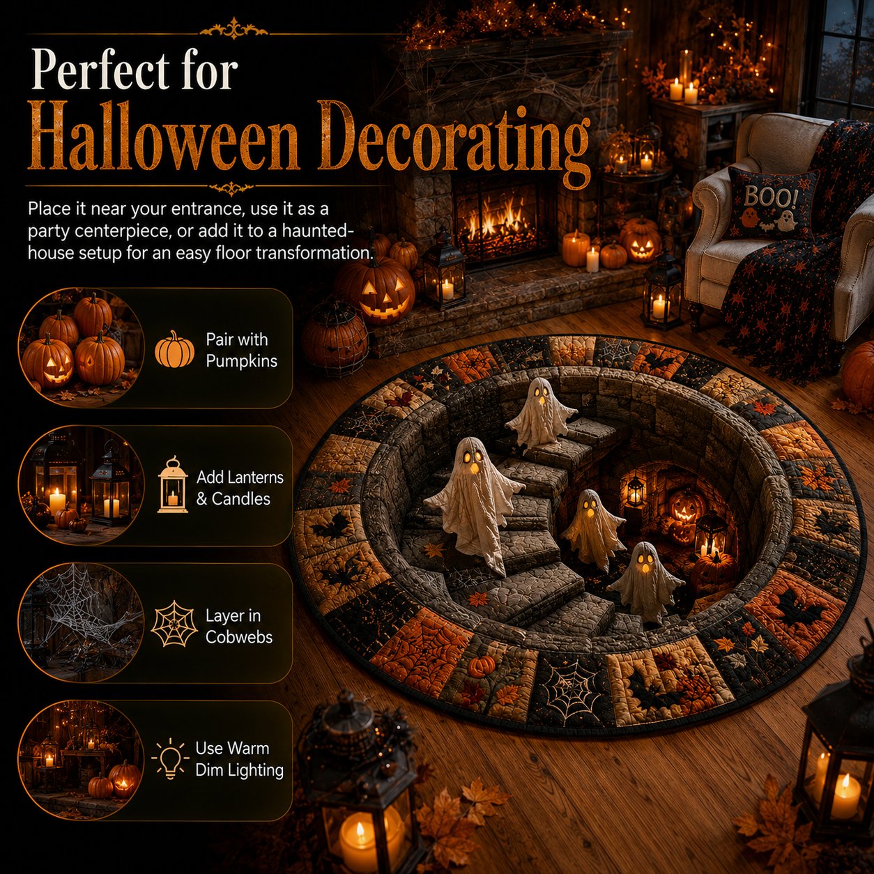 🔥 Rond vloerkleed met 3D-spooktrap – Griezelige Halloween-optische illusie 👻