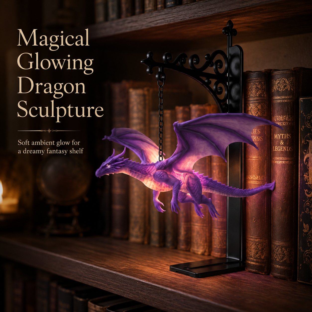 🐉 DragonGlow hangende paarse draak-boekensteun met lampje – Laat een gloeiende draak je favoriete verhalen bewaken 📚🌠