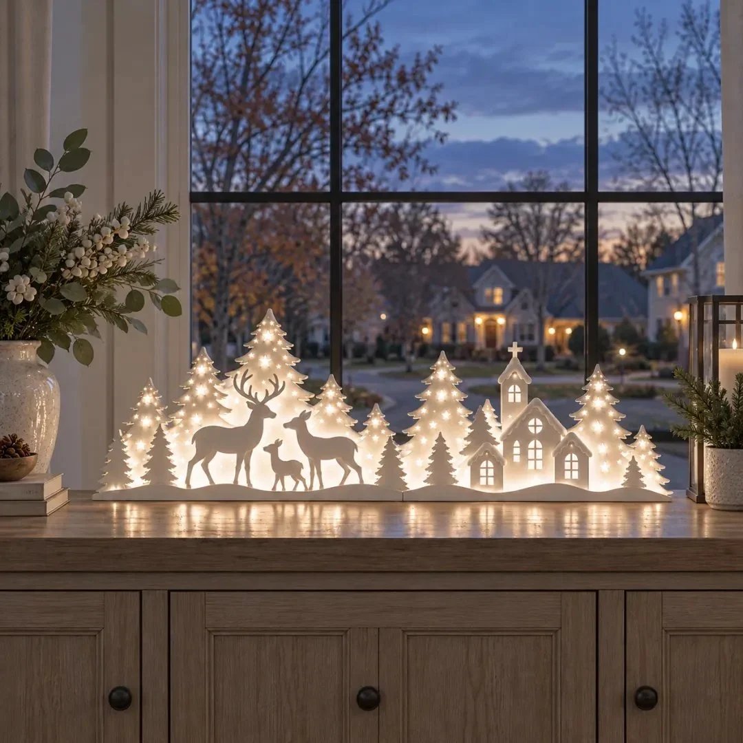 🦌 Verlichte kerstversieringen voor het raam – rendieren & dorp | 2-delige LED-set ✨