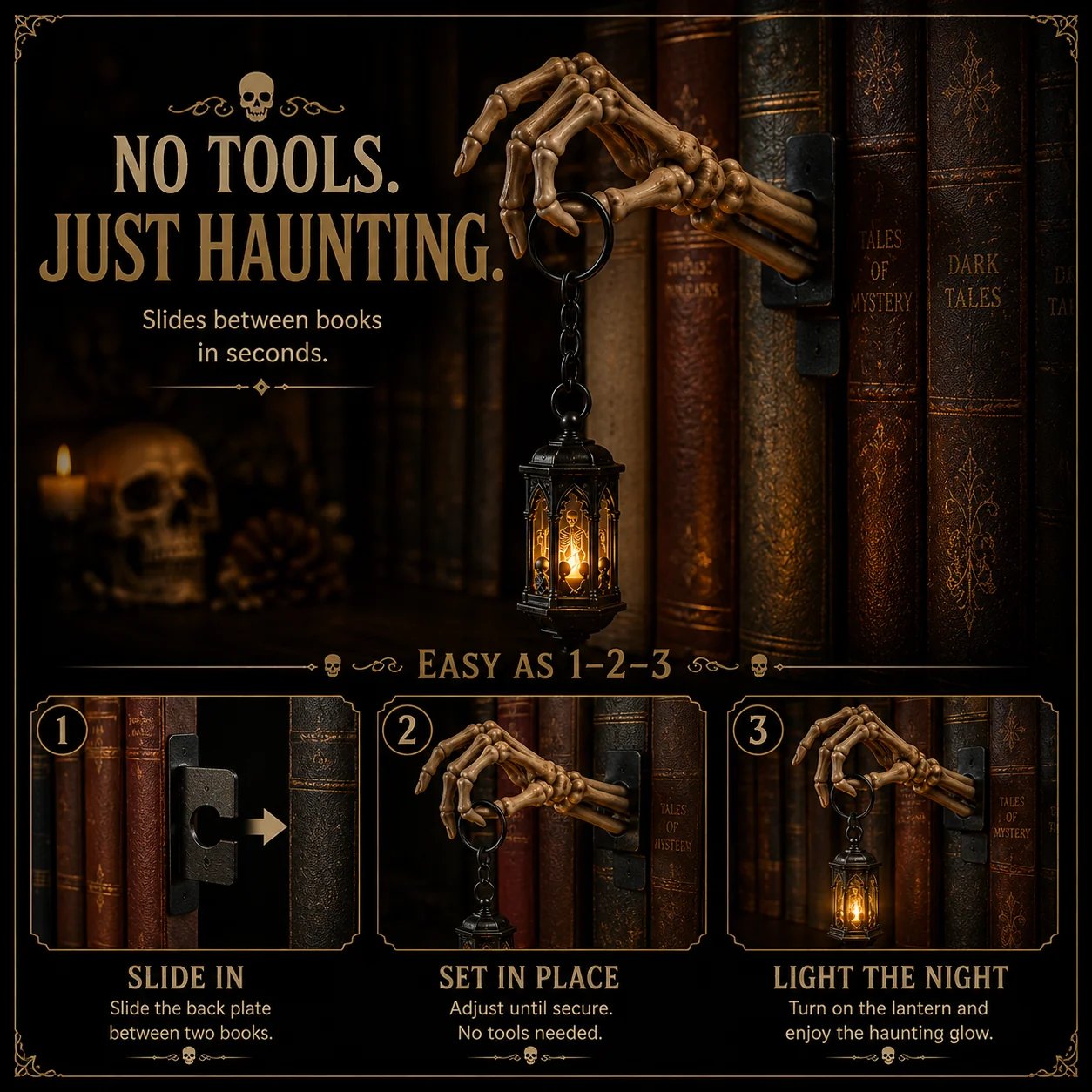 💀 Skeleton Hand Lantern boekenplanklamp | Gotische decoratie voor op de plank op batterijen, met warme amberkleurige LED, snoerloos ontwerp en montage zonder gereedschap 🕯️
