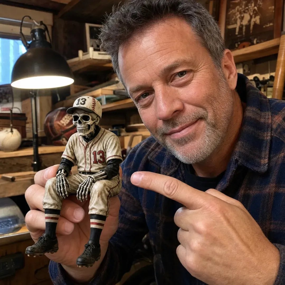 ⚾ Skeletfiguurtje voor op de plank in honkbalstijl – Hij bleef iets te lang in het spel 💀