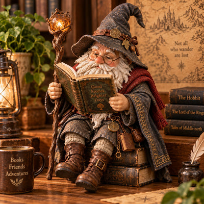 🧙‍♂️ De rondtrekkende geleerde kabouter – Betoverend beeldje van een leestovenaar
