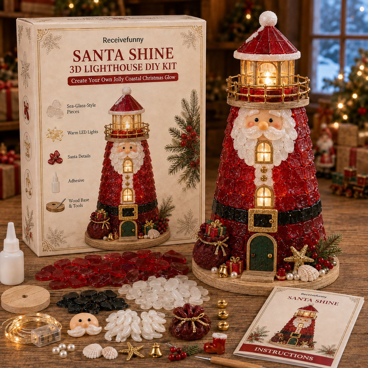 🎄Een voor beginners geschikte doe-het-zelfset voor een verlichte kerstfiguur in de vorm van een vuurtoren in zeeglasstijl | Complete set inclusief onderdelen in zeeglasstijl, led-lampjes en een stapsgewijze handleiding 💕