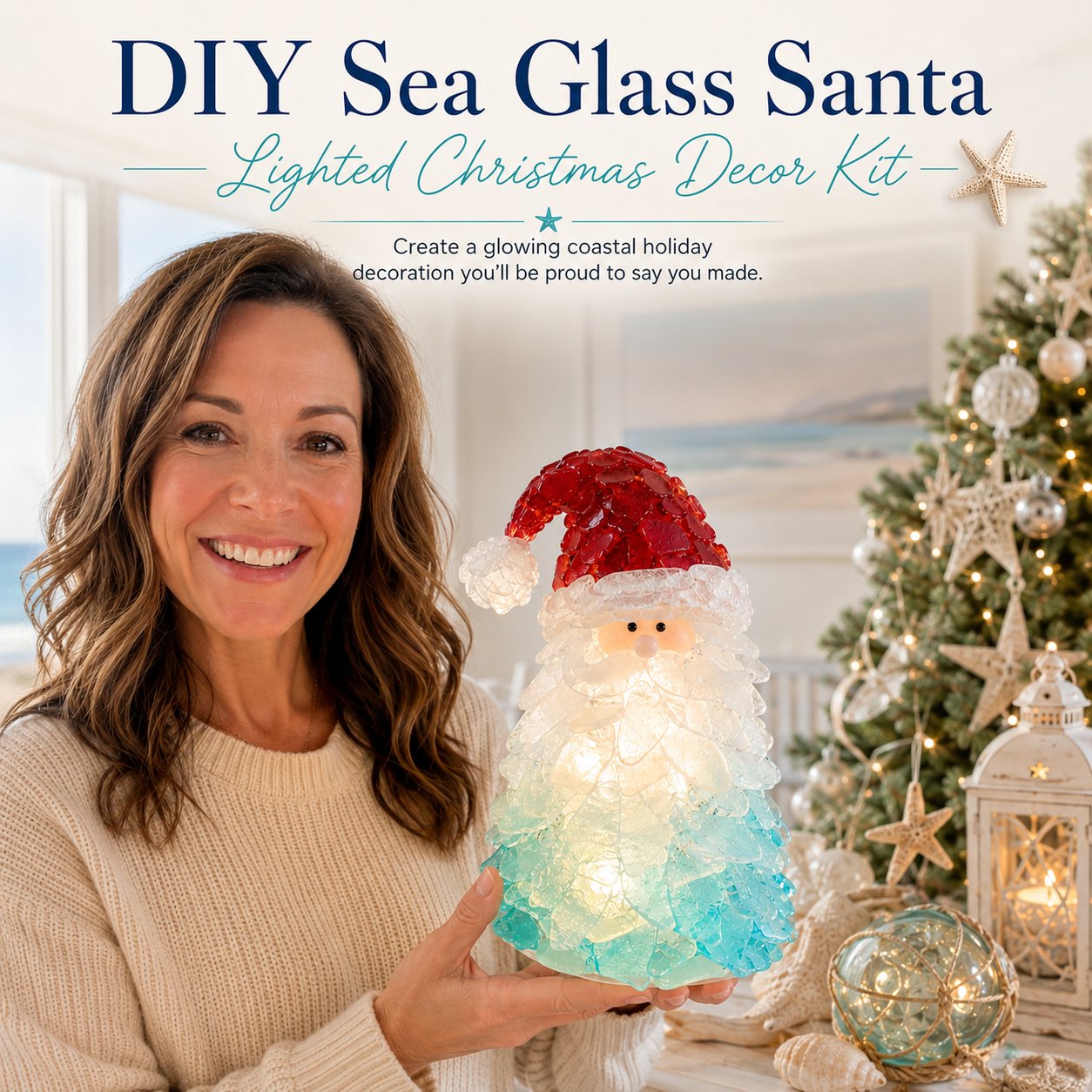 🎅 Beginnersvriendelijke doe-het-zelf-set voor kerstversiering met verlichte zeeglas-kerstman | Complete set inclusief stukjes zeeglas, warme kerstverlichting en een stapsgewijze handleiding 💕