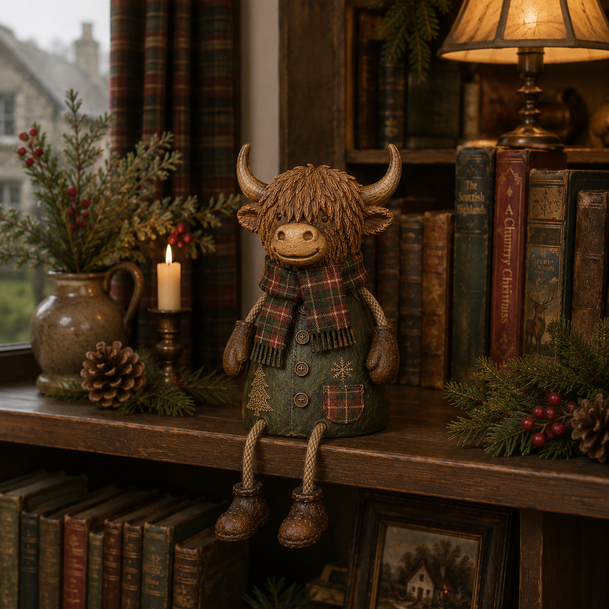 🎄🐮 Feestelijke Schotse hooglandkoe als decoratie voor op een plank – Rustieke kerstdecoratie voor thuis ✨