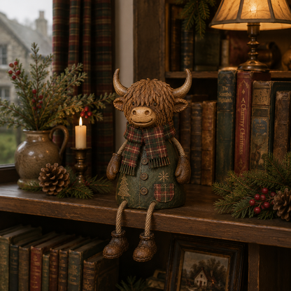 🎄🐮 Feestelijke Schotse hooglandkoe als decoratie voor op een plank – Rustieke kerstdecoratie voor thuis ✨