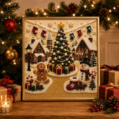 🎄🎅 Premium 3D-kerstwanddecoratieset met parels | Luxe canvas met vloklaag en krasbestendige, kleurvaste parelkraaltjes – DIY-kerstdecoratie ⛄️❄️