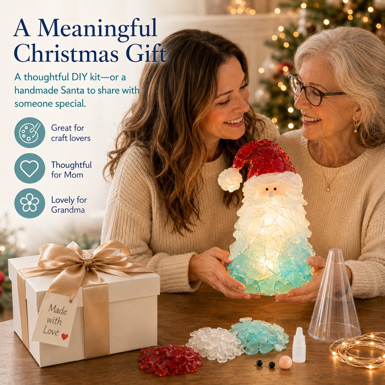 🎅 Beginnersvriendelijke doe-het-zelf-set voor kerstversiering met verlichte zeeglas-kerstman | Complete set inclusief stukjes zeeglas, warme kerstverlichting en een stapsgewijze handleiding 💕