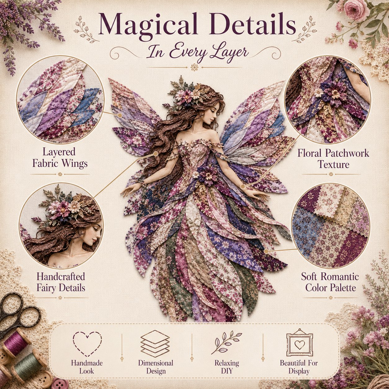 🧚‍♀️🌸 Premium doe-het-zelfpakket ‘Fairy Patchwork’ | Hoogwaardige gelaagde stof met bloemmotiefvleugels – doe-het-zelf, handgemaakte fantasiewanddecoratie ✨