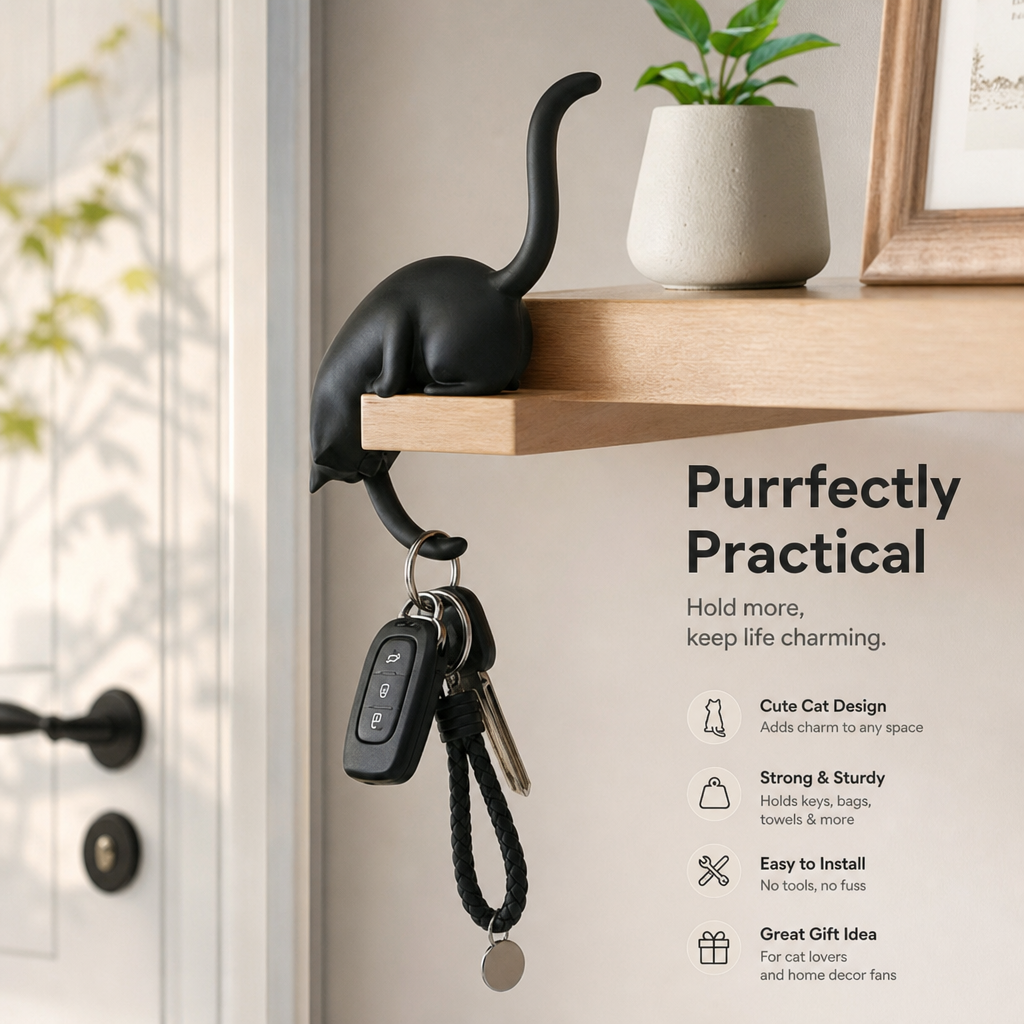 🐈‍⬛🗝️ Creatieve Zwarte Kattenstaart Sleutelhouder – Hanghaak voor Huisdecoratie 🏠