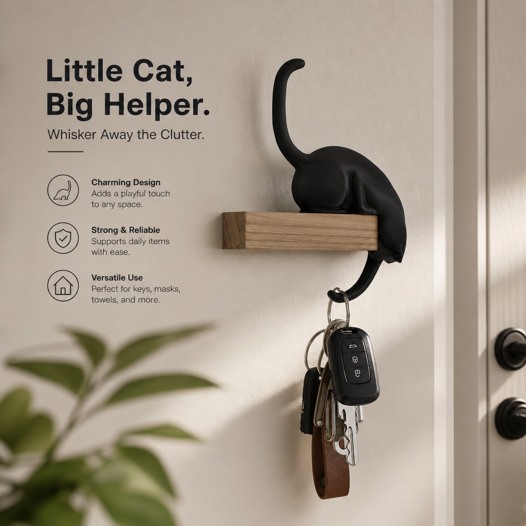 🐈‍⬛🗝️ Creatieve Zwarte Kattenstaart Sleutelhouder – Hanghaak voor Huisdecoratie 🏠