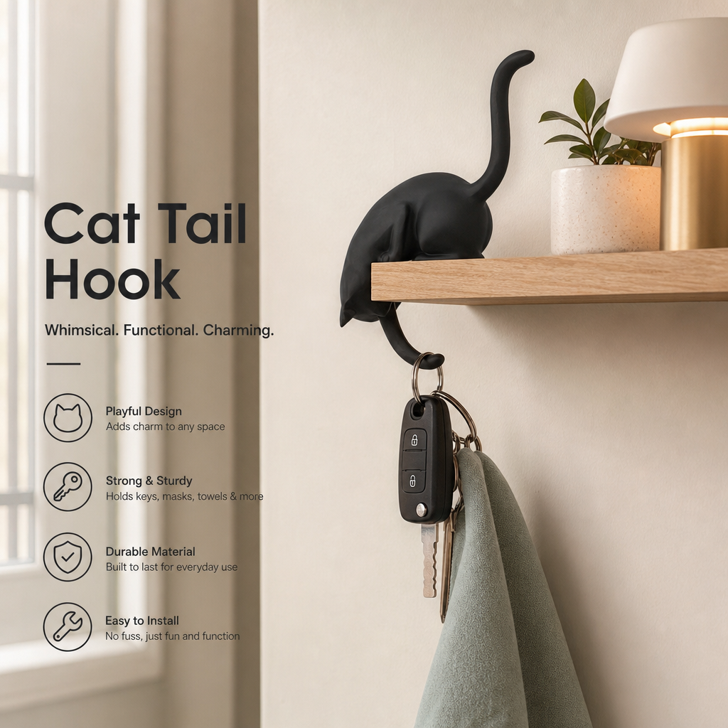 🐈‍⬛🗝️ Creatieve Zwarte Kattenstaart Sleutelhouder – Hanghaak voor Huisdecoratie 🏠