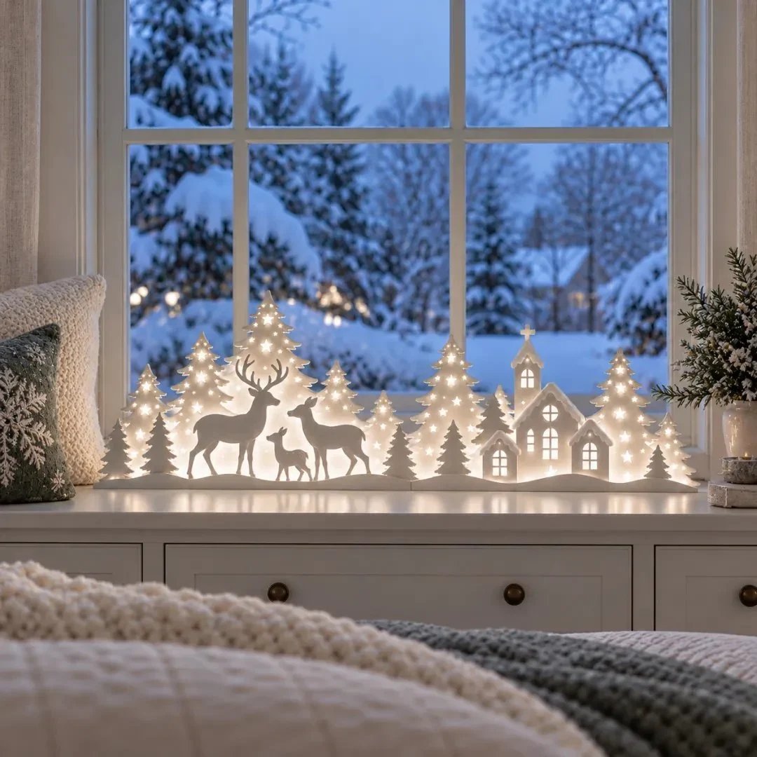 🦌 Verlichte kerstversieringen voor het raam – rendieren & dorp | 2-delige LED-set ✨
