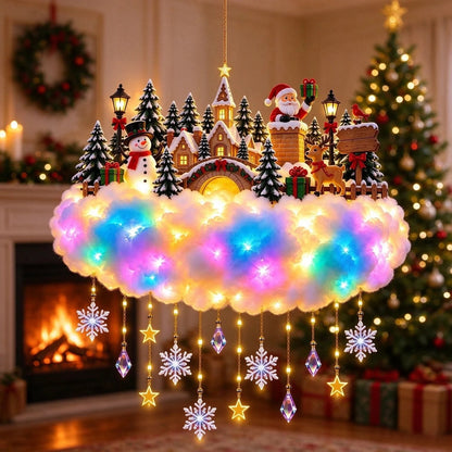 🎄 Verlichte kerstwolk als hangdecoratie – Kerstman & winterdorp als kerstversiering