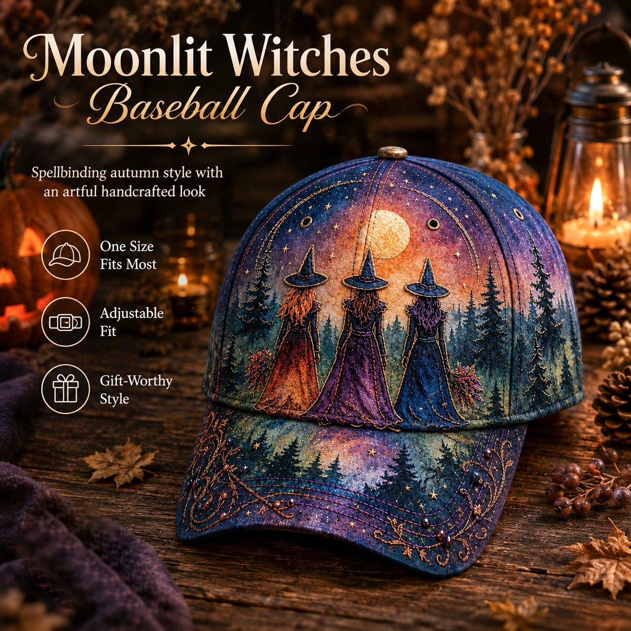 🌙 Three Witches-baseballpet met maanlichtmotief