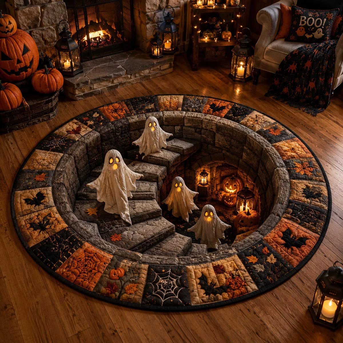 🔥 Rond vloerkleed met 3D-spooktrap – Griezelige Halloween-optische illusie 👻