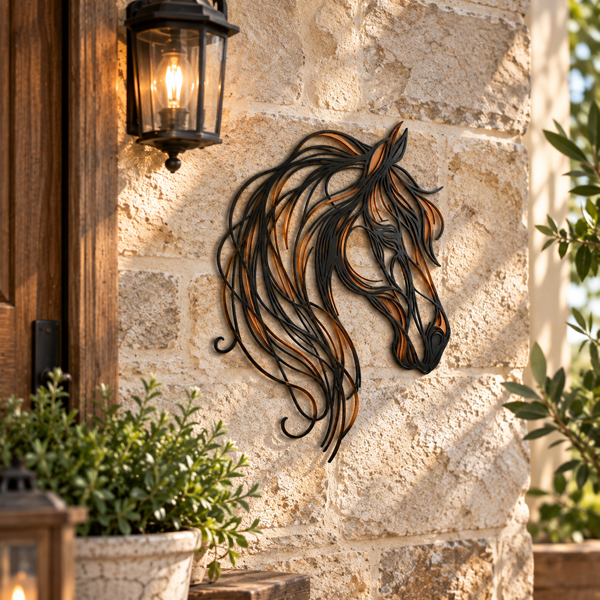 🐴✨ Metalen Paardenhoofd Wanddecoratie – Elegante Kunst met Warme Brons- en Koperaccenten